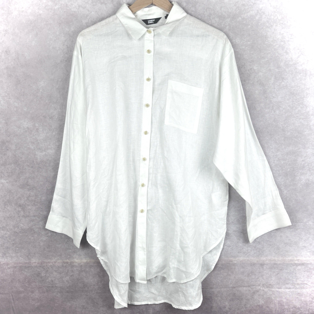 Lands' End Women’s White 100% Linen Button Up Tunic Shirt Old Money Preppy Sz M